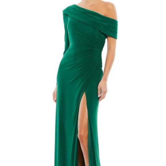 Mac Duggal Emerald Green Foldover Neck One-Shoulder Jersey Gown - Picture 1 of 7